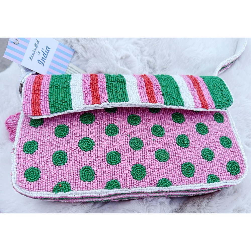 MADE IN INDIA Beaded Striped Contrast Chic Flap Shoulder Bag